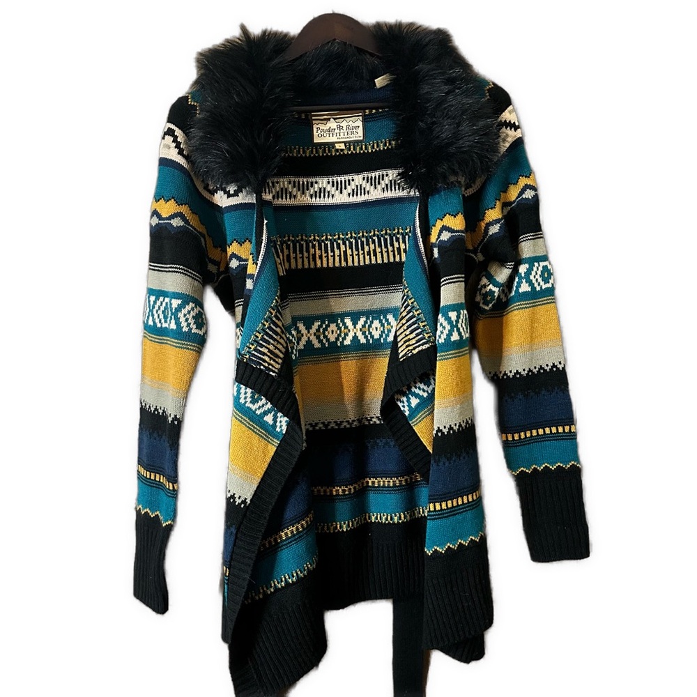 Powder River Outfitters Women’s Faux Fur Cardigan Sweater Aztec Belt Y2K Sz S